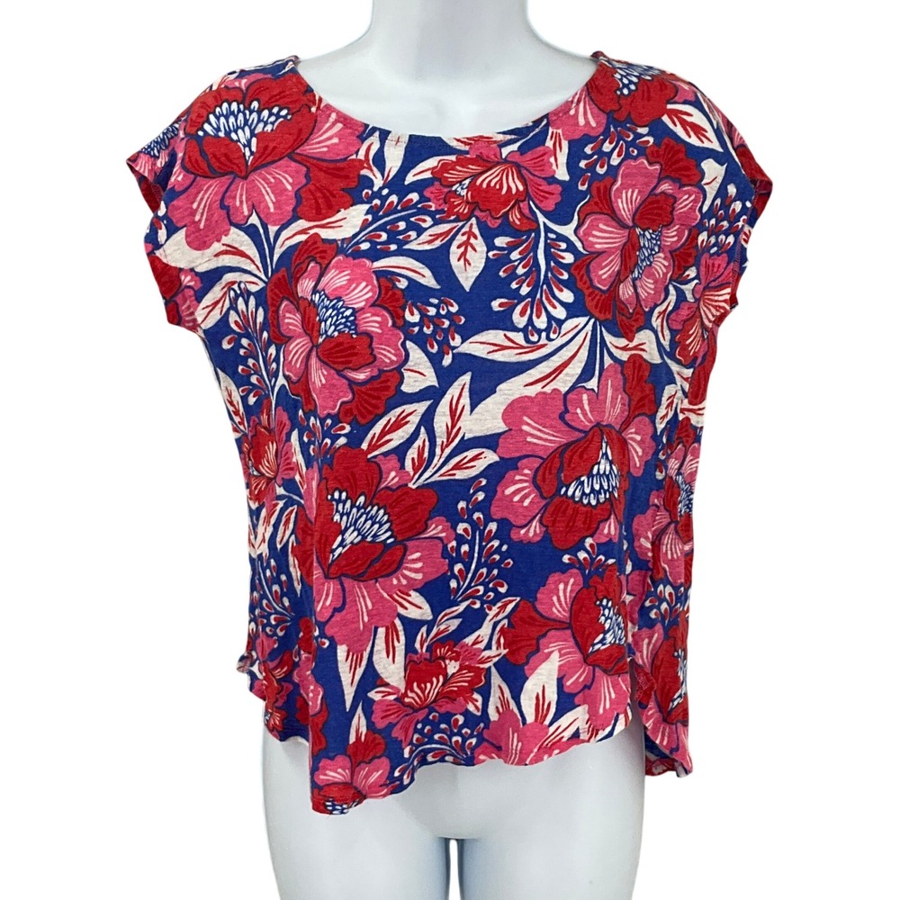 Sigrid Olsen Floral Top Womens Sz S Blue Red 100% Linen Boho Breathable Tropical